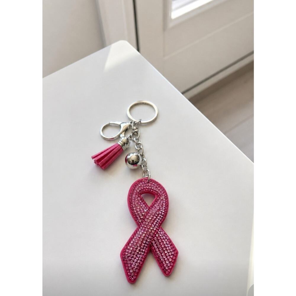 Pink Ribbon Rhinestone Bag Charm New - Picture 2 of 2